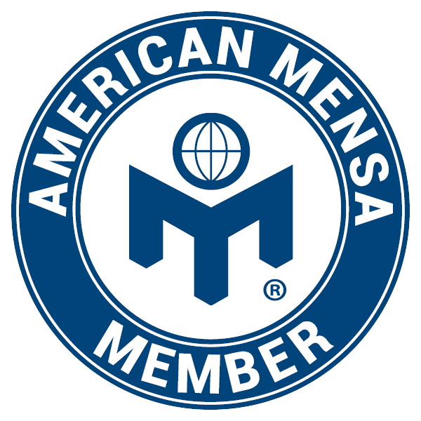Circular blue 'American Mensa Member' badge with a white center, featuring an abstract 'M' and a globe above it.