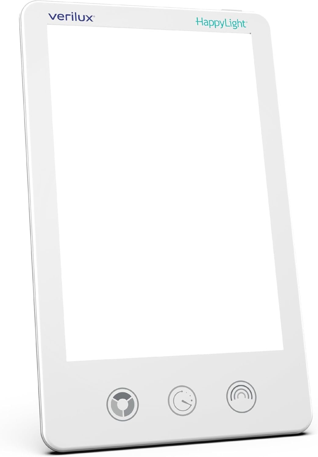 Light Therapy - Center for Applied Psychological Science White Verilux HappyLight light therapy device with a large rectangular screen area and three circular control icons along the bottom edge.