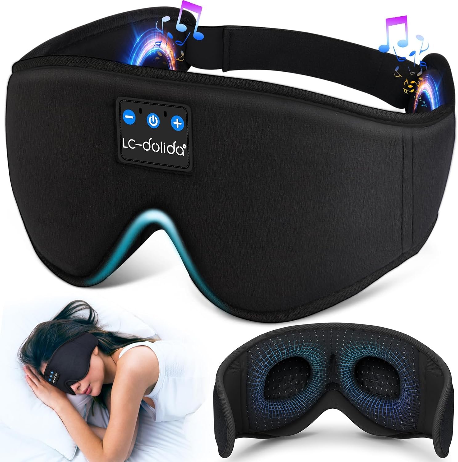 Sleep mask - Center for Applied Psychological Science Black contoured sleep mask with soft padding worn by a woman sleeping on a bed, blocking light.