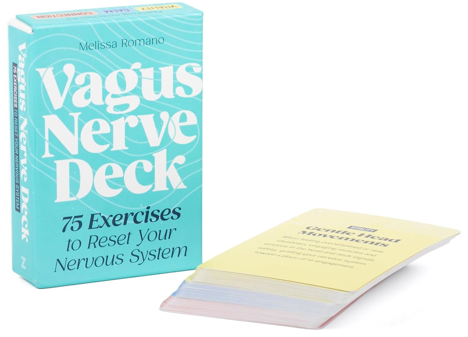 Vehas Nerve Deck - Center for Applied Psychological Science Turquoise 'Vagus Nerve Deck' box with 75 exercises to reset your nervous system, plus a fan of pastel-colored instruction cards.